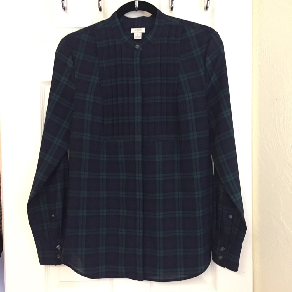 J Crew Factory Black Watch Plaid Tuxedo Blouse